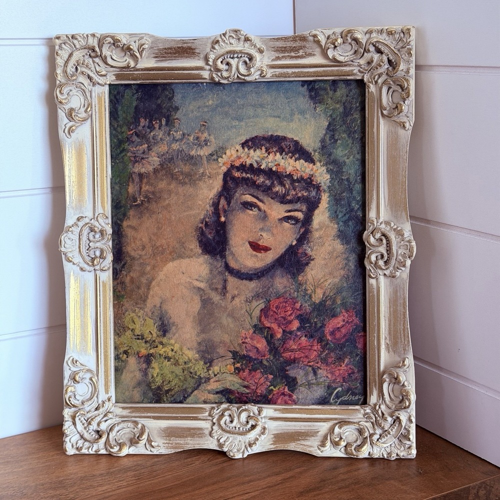 Vintage MCM 1950s CYDNEY GROSSMAN Ballerina Art Print Portrait‎ Ornate Frame